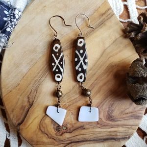 Rustic Boho Tribal Bone Beads Shell Wired Earrings